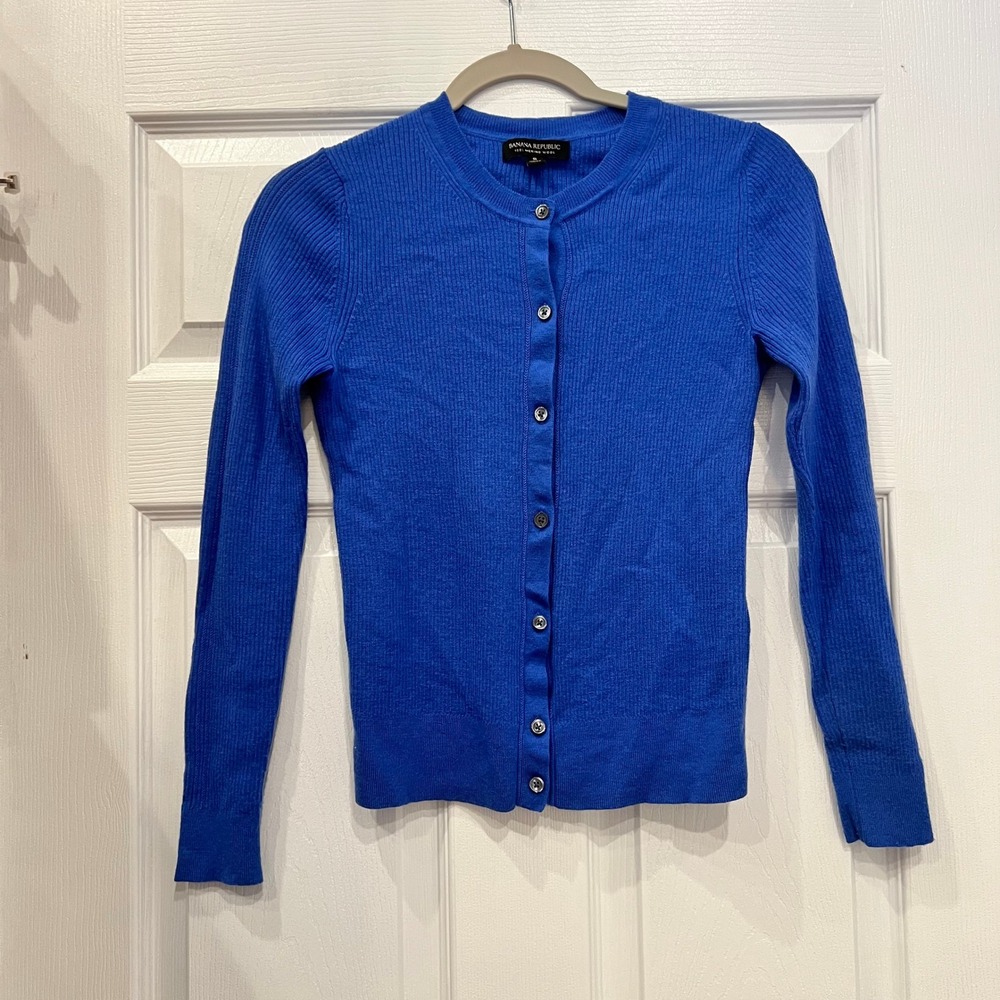 Banana Republic Cardigan Merino Wool Ribbed Knit Classic Blue Quiet Luxury S